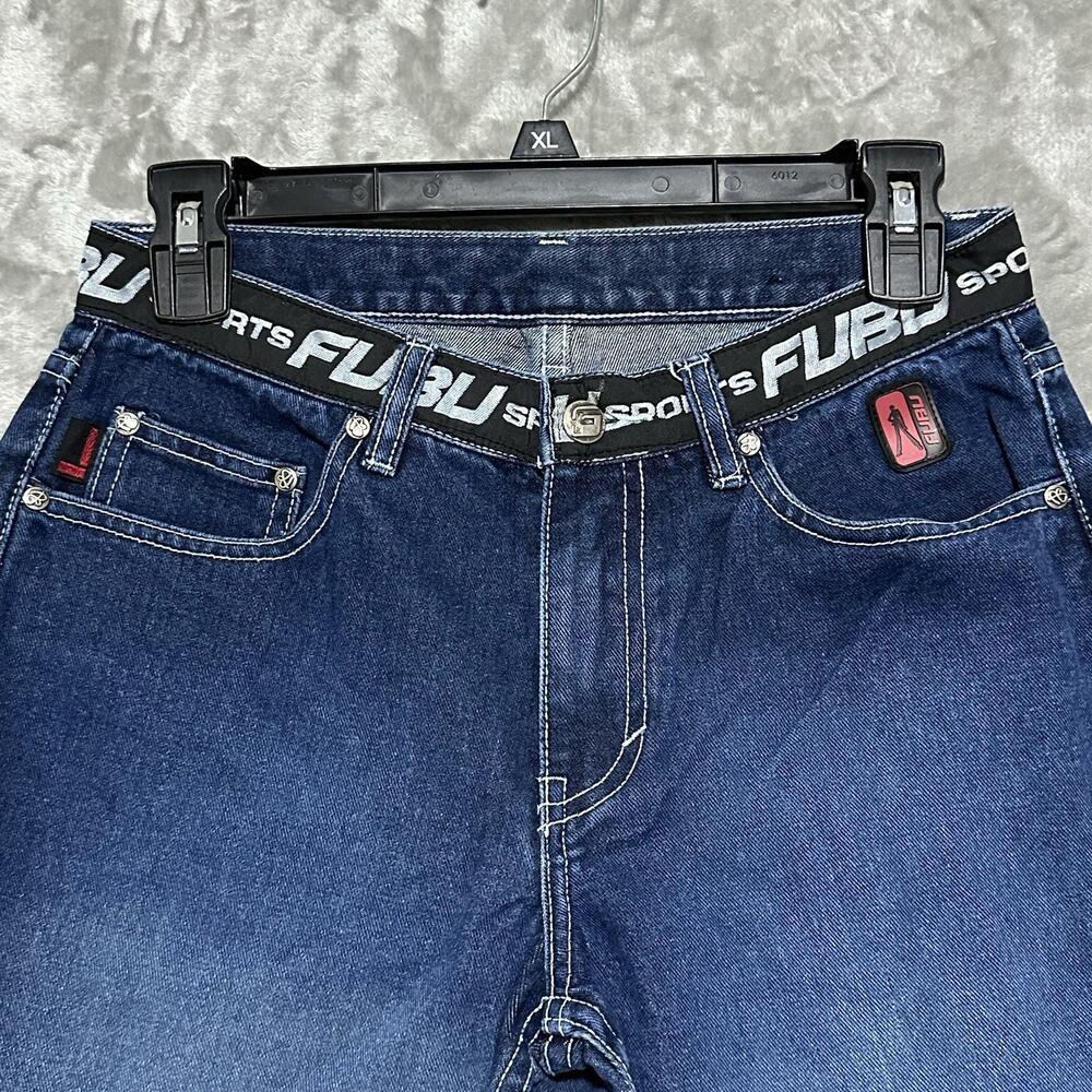 Y2K Fubu Straight Leg Jeans Womens Size 7/8 Blue Dark Wash Streetwear Grunge - Picture 2 of 10